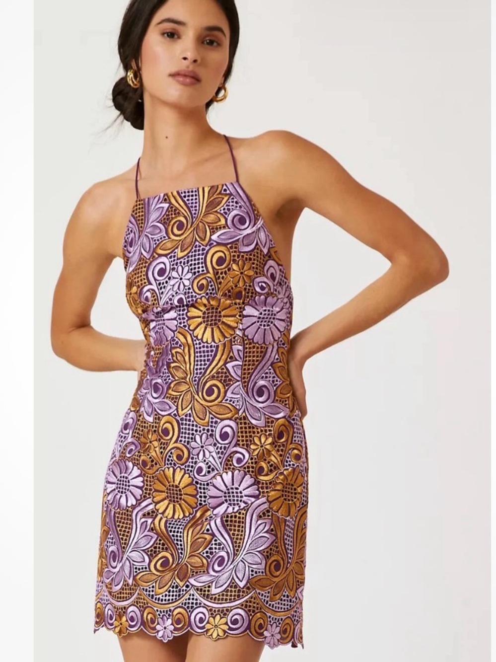 Anthropologie Purple and Mustard Embroidered Lace Halter Dress